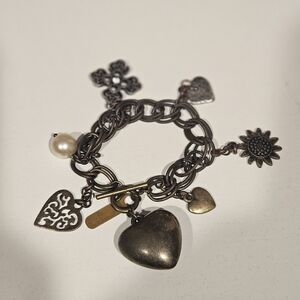 Perch Brass Gold Heart Charm Bracelet Sun Cross Faux Pearl Silver